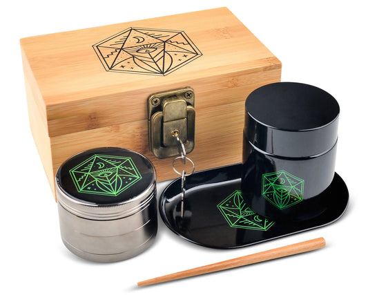 Vintage Stash Box Bundle - Ancient Symbol Design - Grinder - Rolling Tray - Airtight & UV Protecting Glass Jar - Accessory Gift Kit - Secure Storage Box - Lock & Key - Leaf-Way Brand Accessories_0